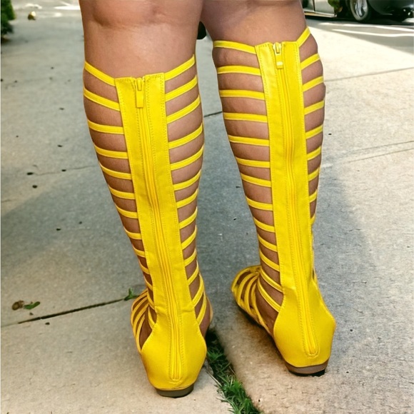 Yellow tall calf high lace up strappy elastic gladiator flat sandals sz 11. - Picture 4 of 7